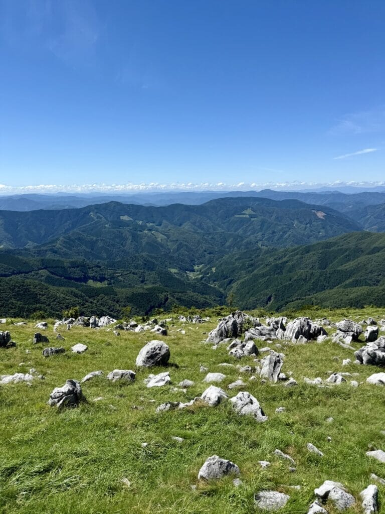 草原に白い石灰石山と並みの風景